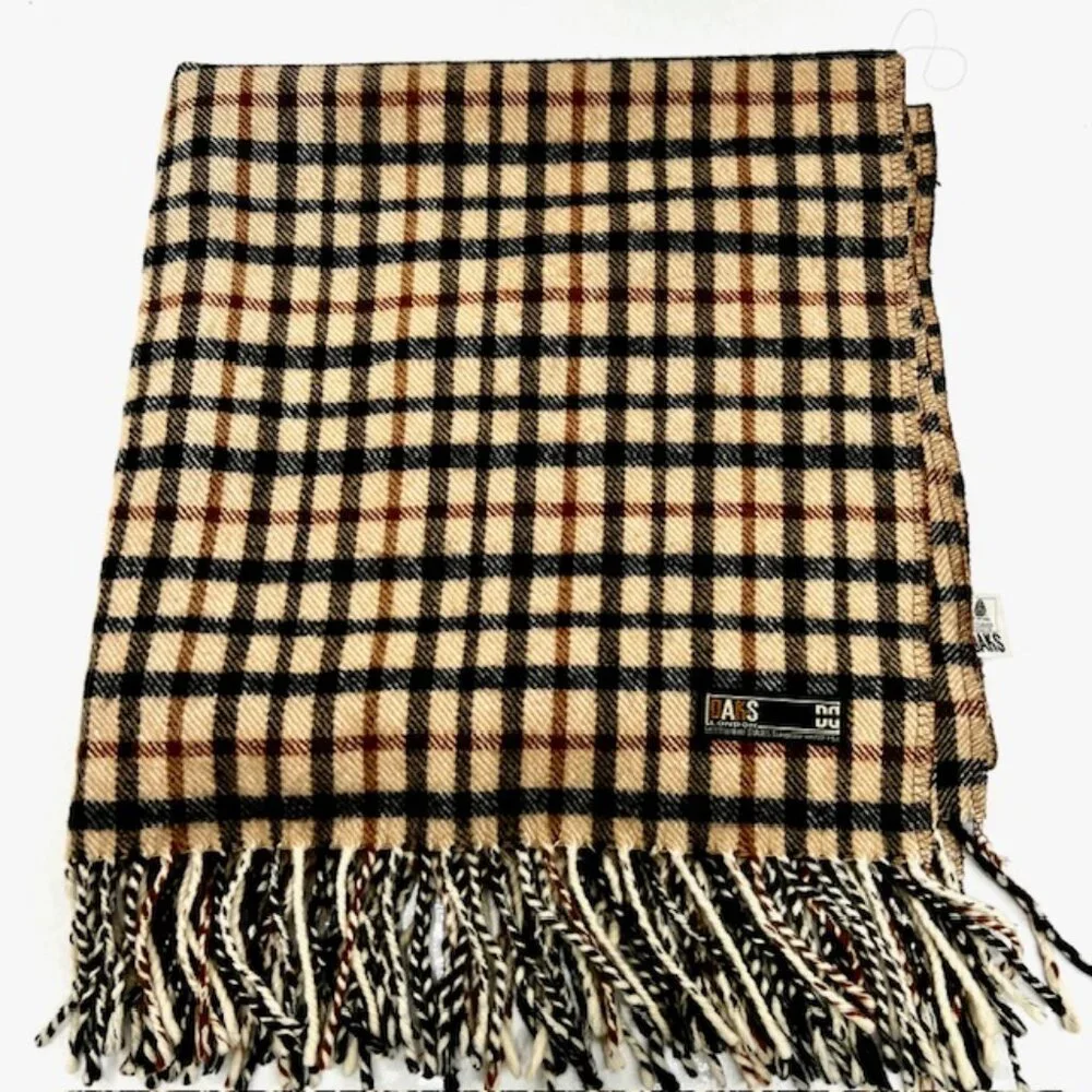 Unused DAKS of London Men Scarf 100% Wool Gray beige yellow check 56